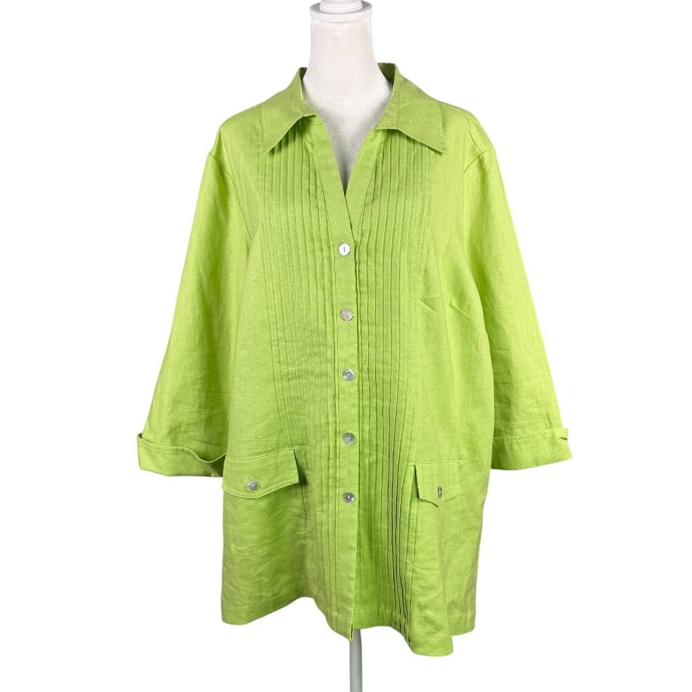 Sara Isabella Woman 2X Linen Button Up Pleated Shirt Jacket Lime Green Tunic